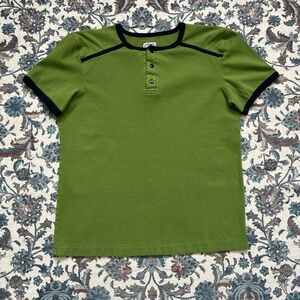 Vintage Olive Green Short-Sleeve Henley Ringer tee with Navy Trim